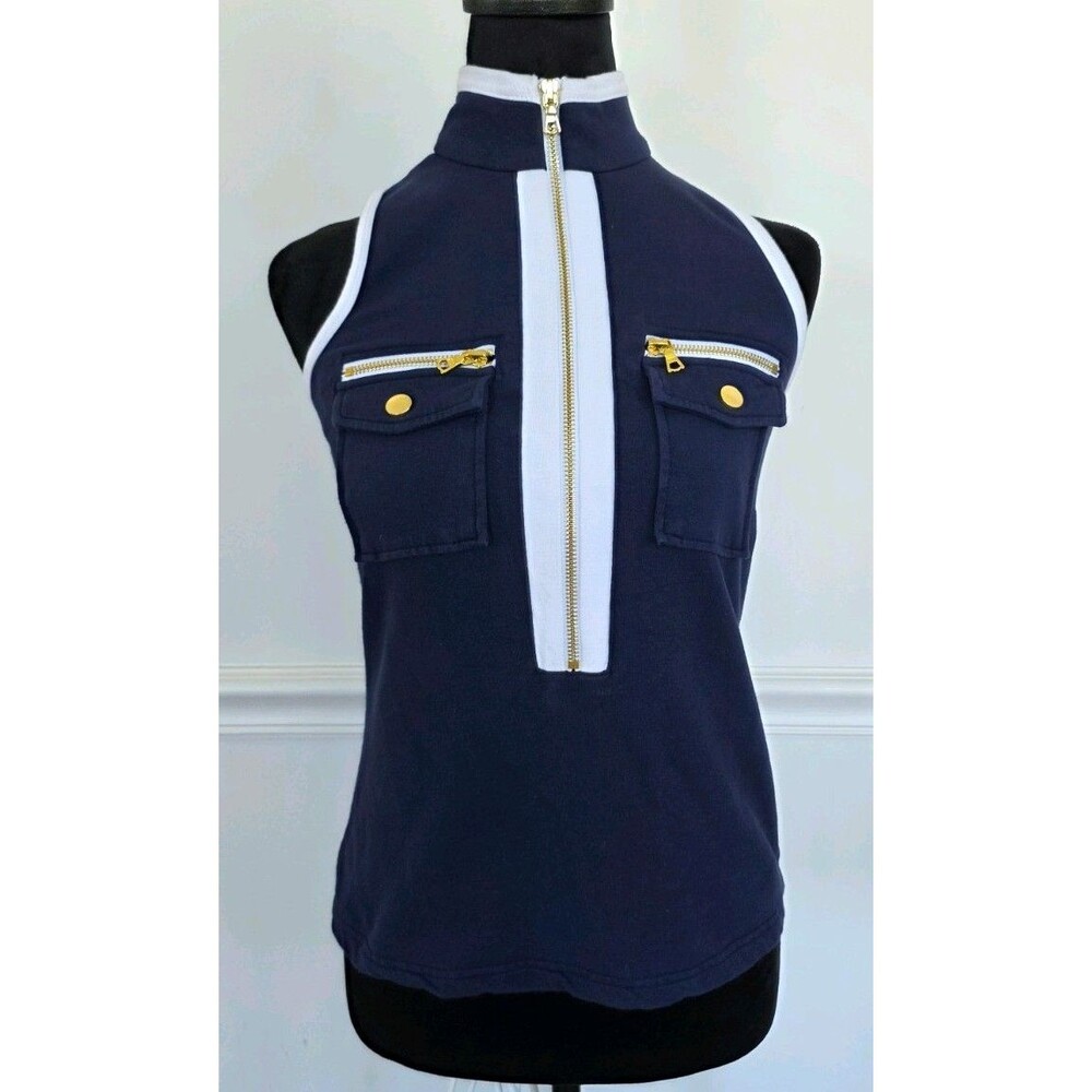 Boston Proper Top Navy Blue 1/2 Zip Front Sleeveless Gold zippers Wm. XS